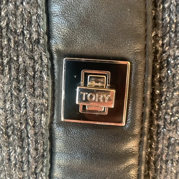 Tory Burch metallic cardigan with faux leather trim and toggle closures. - Picture 3 of 9